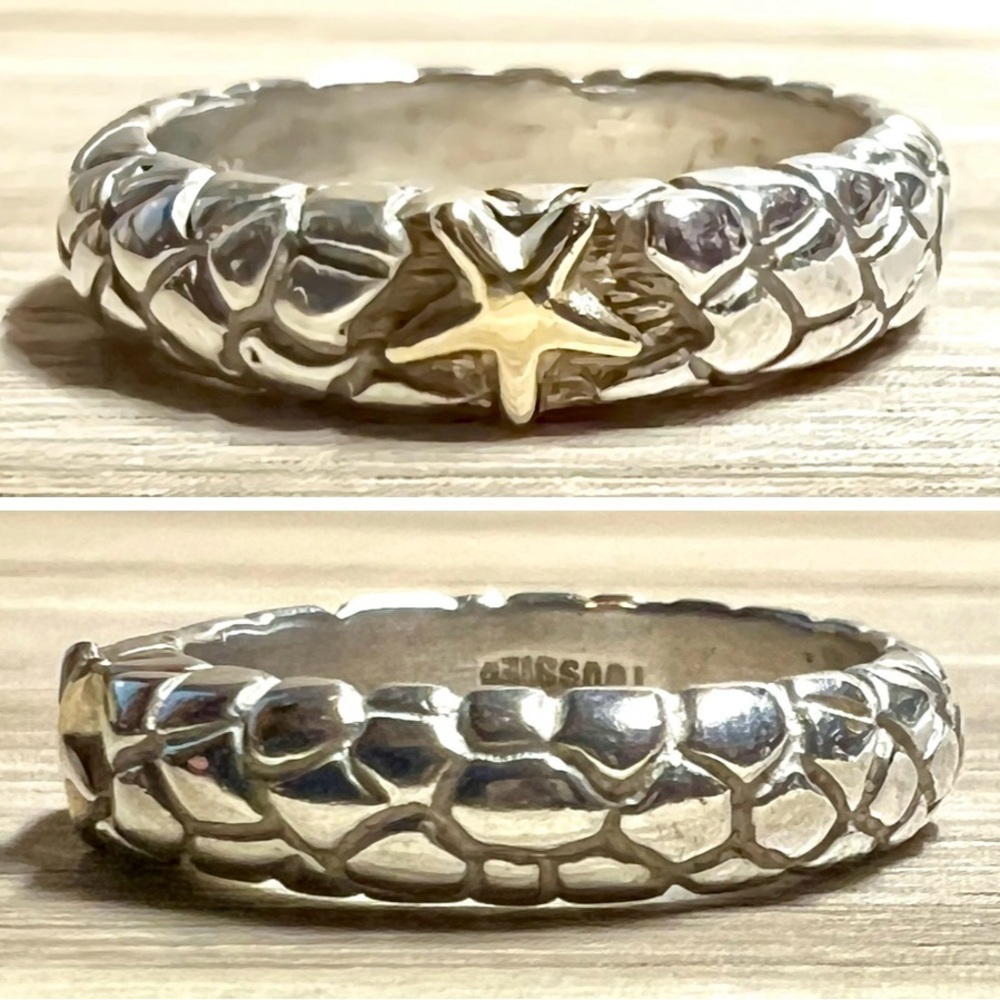 Alejandro Toussier Sterling Silver & 14K Gold Pebbled Star Band Ring, Size 7.5
